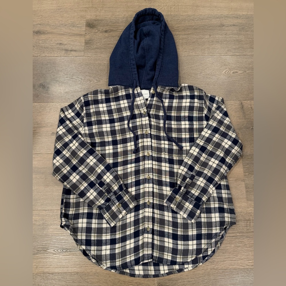 American Eagle Plaid Hooded Flannel Shirt Blue White Check Long Sleeve Women